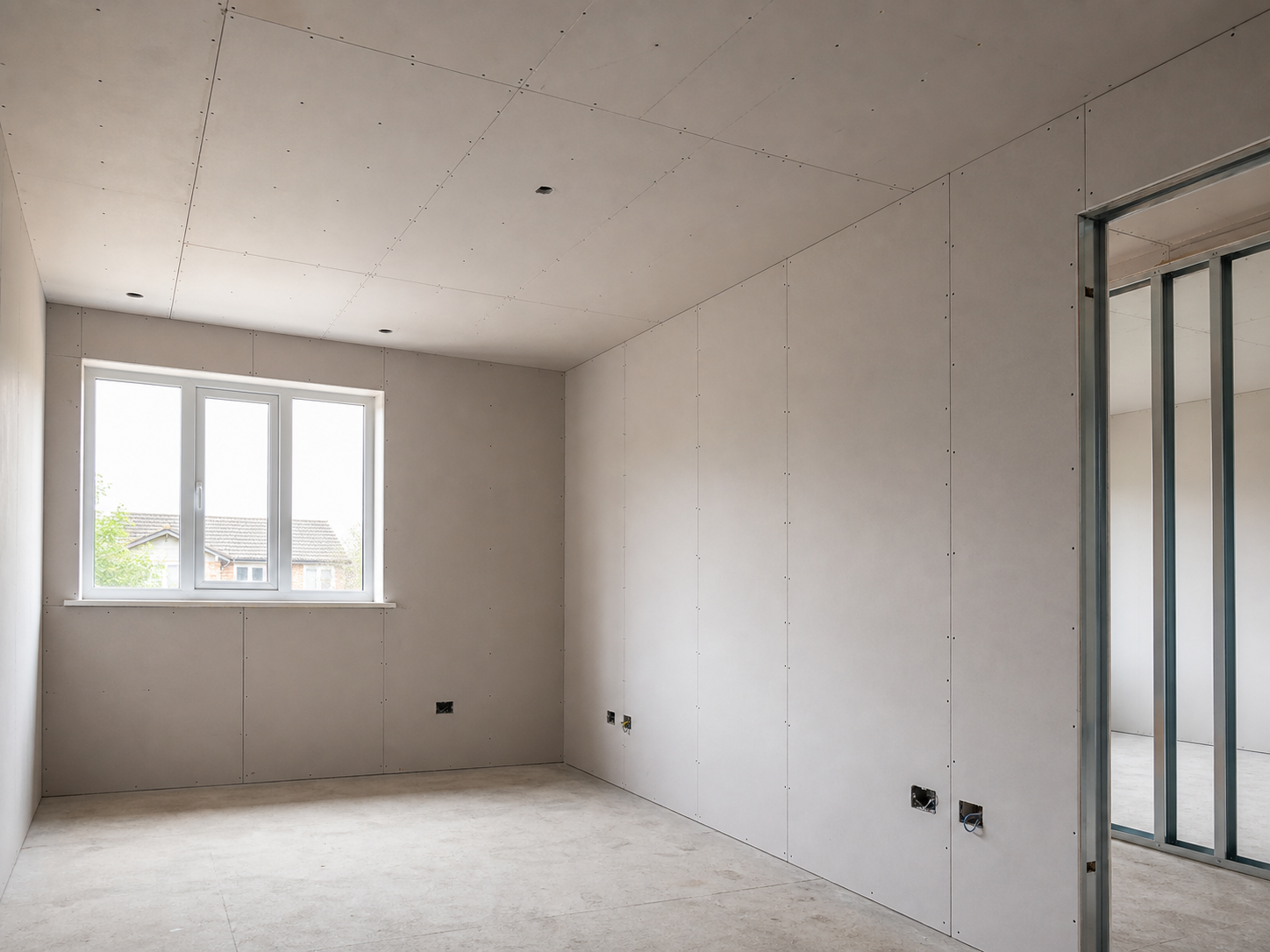 Dry lined room with plasterboard walls and ceiling