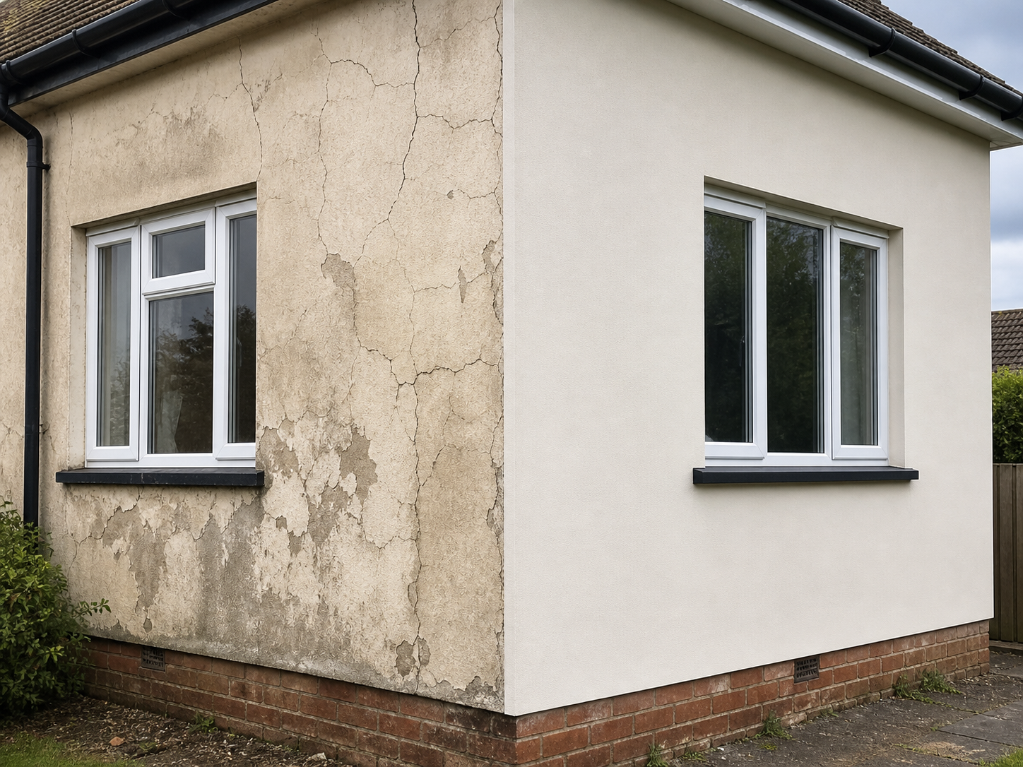 Before and after external render repair finish